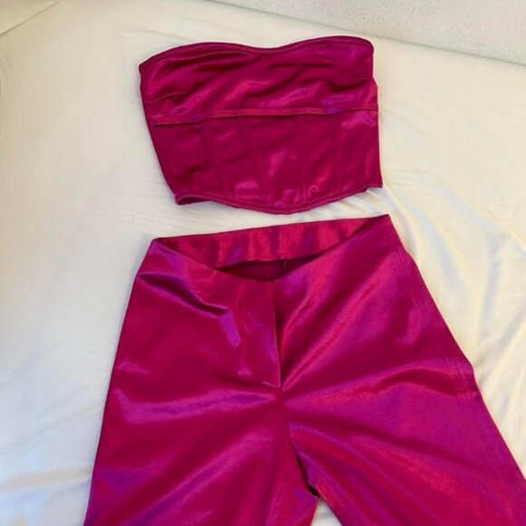 I AM GIA Fuchsia Satin Strapless Bustier Top Flare Pants Two Piece Set - Small - Picture 5 of 8
